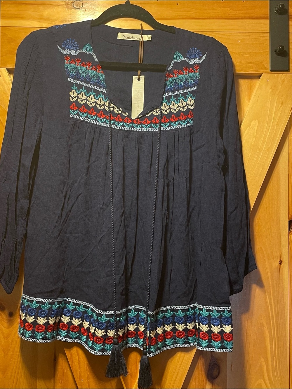 Solitaire Navy Embroidered Boho Tunic with Tassel Ties